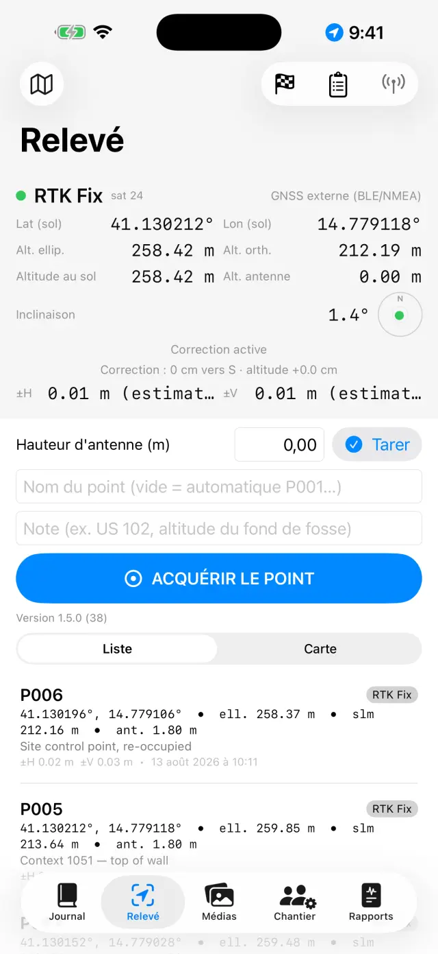 Le panneau GNSS du Relevé
