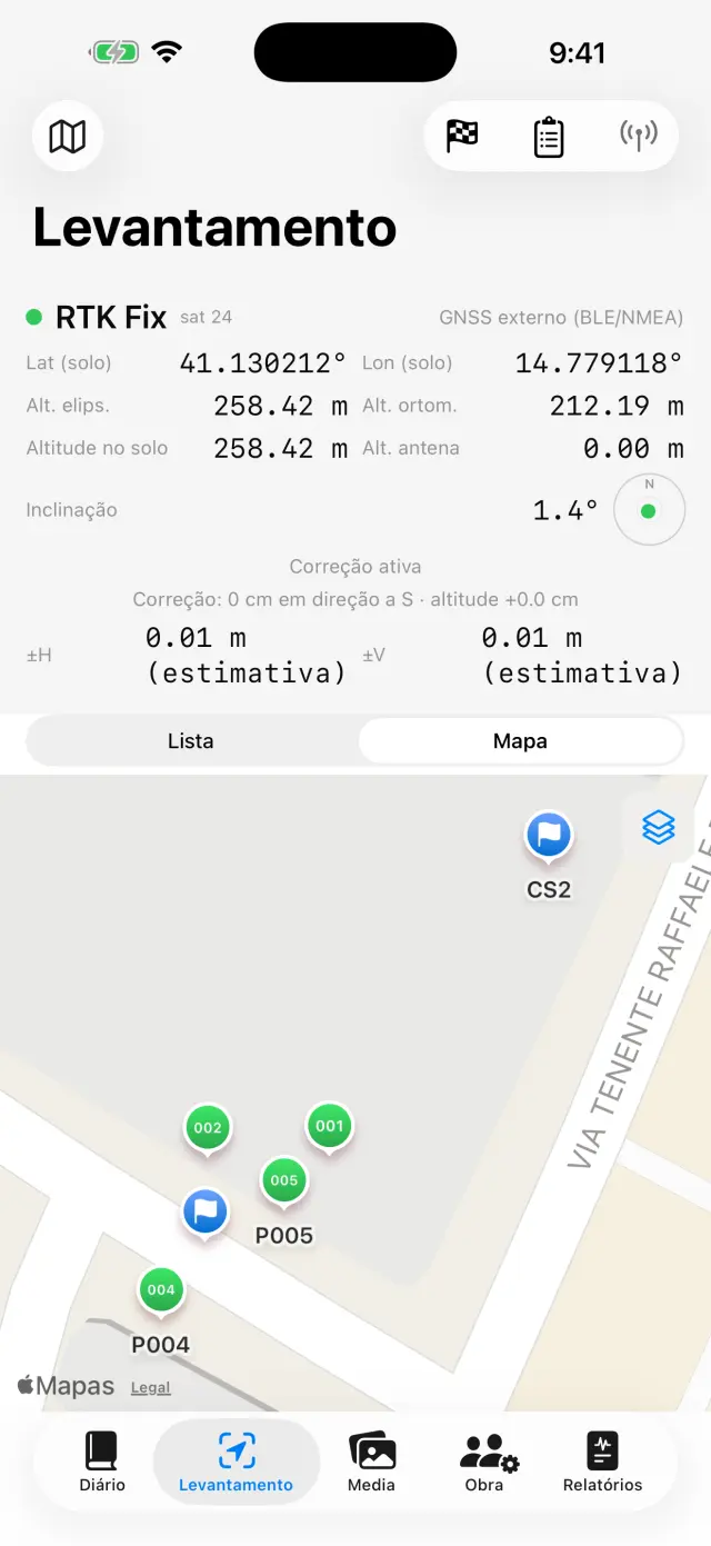 Pontos e marcos geodésicos no mapa
