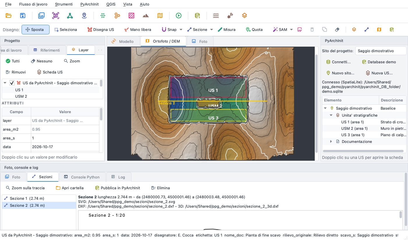 The DEM view with units from PyArchInit, contour lines and a section